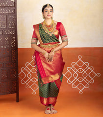 Green Handloom Korvai Kanchipuram 9 Yards Silk Saree With Gandaberunda Motifs-KA15748