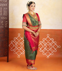 Green Handloom Korvai Kanchipuram 9 Yards Silk Saree With Gandaberunda Motifs-KA15748