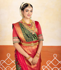 Green Handloom Korvai Kanchipuram 9 Yards Silk Saree With Gandaberunda Motifs-KA15748