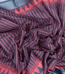 Dark Grey Woven Art Linen Saree With Printed Stripes-BL3961