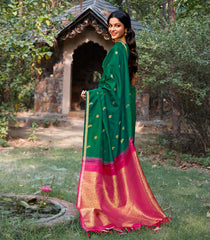 Dark Green Handloom Kanchipuram Silk Saree With Parrot Buttas