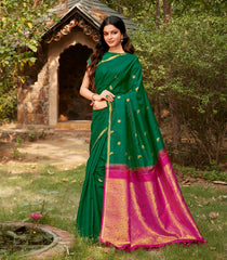 Dark Green Handloom Kanchipuram Silk Saree With Parrot Buttas