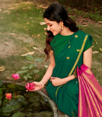 Dark Green Handloom Kanchipuram Silk Saree With Parrot Buttas