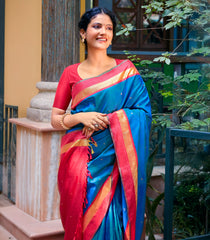Blue Handloom Kanchipuram Silk Saree With Buttas-Blue