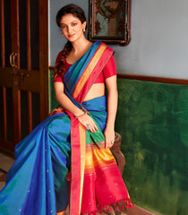 Blue Handloom Kanchipuram Silk Saree With Buttas-Blue