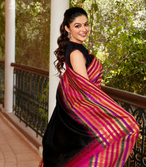 Black Handloom Kanchipuram Korvai Silk Saree With Multi Stripe Border