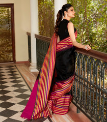 Black Handloom Kanchipuram Korvai Silk Saree With Multi Stripe Border