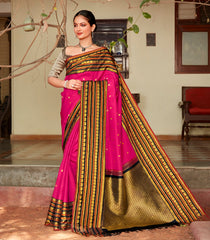 Hot Pink Handloom Kanchipuram Korvai Silk Saree With Kamalam Buttas