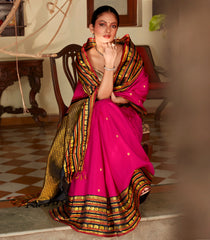 Hot Pink Handloom Kanchipuram Korvai Silk Saree With Kamalam Buttas