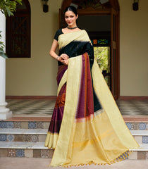 Black Handloom Korvai Kanchipuram Silk Saree With Multi Color Stripes-KA12015