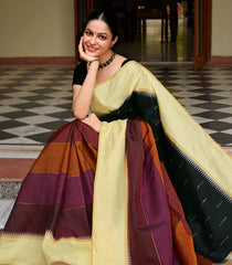 Black Handloom Korvai Kanchipuram Silk Saree With Multi Color Stripes-KA12015