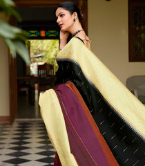 Black Handloom Korvai Kanchipuram Silk Saree With Multi Color Stripes-KA12015