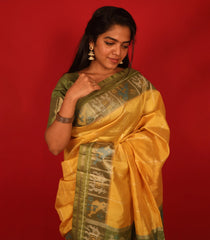 Yellow Woven Art Tussar Silk Saree With Printed Animal Motifs-BL3927