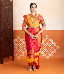 Yellow Handloom Korvai Kanchipuram 9 Yards Silk Saree With Crimson Border-KA13738