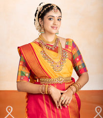 Yellow Handloom Korvai Kanchipuram 9 Yards Silk Saree With Crimson Border-KA13738