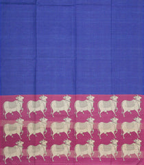 Indigo Printed Synthetic Tussar Silk Saree With Zari Checks & Contrast Pallu-SY0384