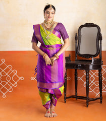 Neon Green Handloom Korvai Kanchipuram 9 Yards Silk Saree With Contrast Border-KA15394