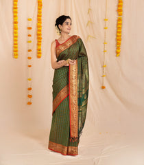 Dark Green Handloom Silk Cotton Saree With Checks & Floral Motifs-SC3880