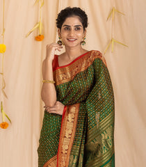 Dark Green Handloom Silk Cotton Saree With Checks & Floral Motifs-SC3880