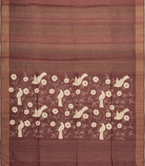 Brown Printed Tussar Silk Saree With Floral Motifs In Border-TU3676
