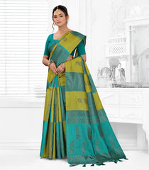 Green & Cyan Woven Syntheitc Dupion Saree With Floral Motifs-SY0523