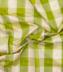 White & Green Handloom Silk Cotton Saree With Checks & Zari Buttas-SC4622