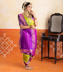Neon Green Handloom Korvai Kanchipuram 9 Yards Silk Saree With Contrast Border-KA15394