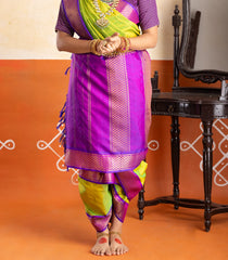 Neon Green Handloom Korvai Kanchipuram 9 Yards Silk Saree With Contrast Border-KA15394