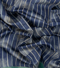 Navy Blue Printed Tussar Silk Saree With Stripes-TU3713