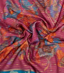 Peach Printed Synthetics Dola with Zari Stripes & Contrast Border-BL5147