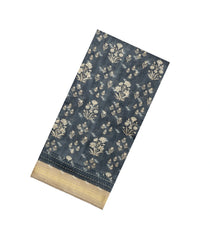 Grey Printed Tussar Silk Saree With Floral Motifs-TU3620