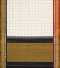 White Handloom Korvai Kanchipuram Silk Saree With Checks & Ganga Jamuna Border-KA14056