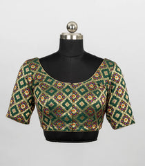Green Blended Silk Banarasi Brocade Readymade Saree Blouse with Floral Motifs   -RB5286