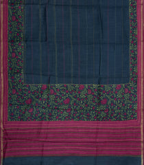 Indigo Printed Tussar Silk Saree With Floral Motifs In Border-TU3689