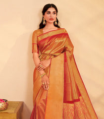 Red Handloom Kanchipuram Silk Saree With Temple Zari Border-KA15324