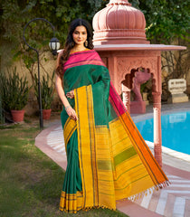 Bottle Green Handloom Korvai Kanchipuram Silk Saree With Ganga Jamuna Border-KA14805