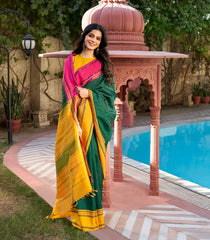 Bottle Green Handloom Korvai Kanchipuram Silk Saree With Ganga Jamuna Border-KA14805