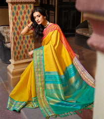 Mustard Handloom Korvai Kanchipuram Silk Saree With Stripes-KA14804