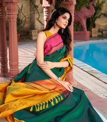 Bottle Green Handloom Korvai Kanchipuram Silk Saree With Ganga Jamuna Border-KA14805