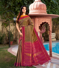 Black Handloom Kanchipuram Silk Saree With Zari Checks-KA13966