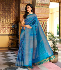 Cyan Handloom Kanchipuram Silk Saree With Abstract Motifs-KA14800