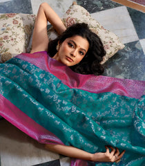Cyan Handloom Kanchipuram Silk Saree With Floral Jaal Motifs-KA14809