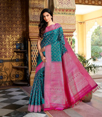 Cyan Handloom Kanchipuram Silk Saree With Floral Jaal Motifs-KA14809