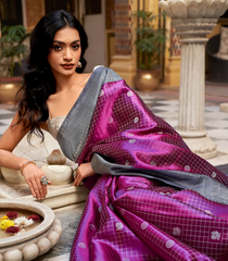 Magenta Handloom Kanchipuram Silk Saree With Checks & Contrast Border-KA13647