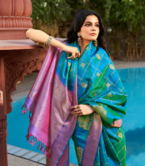 Cyan Handloom Kanchipuram Silk Saree With Zari Checks & Bird Buttas-KA13933