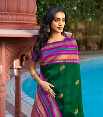 Bottle Green Handloom Korvai Kanchipuram Silk Saree With Annam Buttas-KA14874