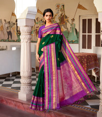 Bottle Green Handloom Korvai Kanchipuram Silk Saree With Annam Buttas-KA14874