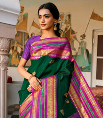 Bottle Green Handloom Korvai Kanchipuram Silk Saree With Annam Buttas-KA14874