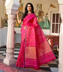 Hot Pink Handloom Kanchipuram Silk Saree With Annam Chakaram Buttas-KA12734