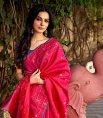 Hot Pink Handloom Kanchipuram Silk Saree With Annam Chakaram Buttas-KA12734